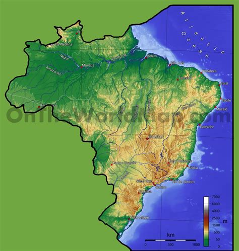 brazil map with natural landforms.